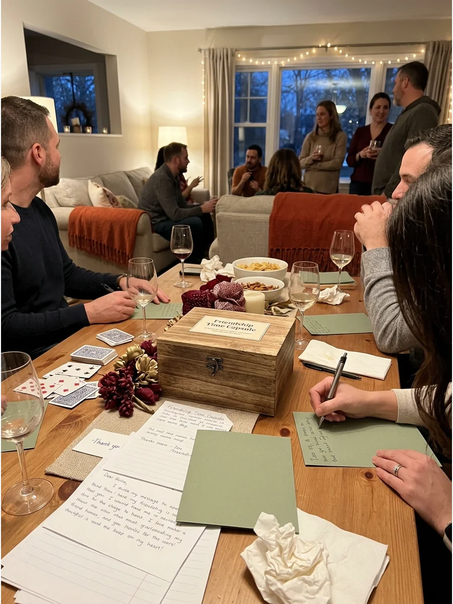 Friendship Time Capsule. Ask guests to write predictions, goals, memories, and messages for the group. Seal everything in a container and agree to open it at a future Friendsgiving