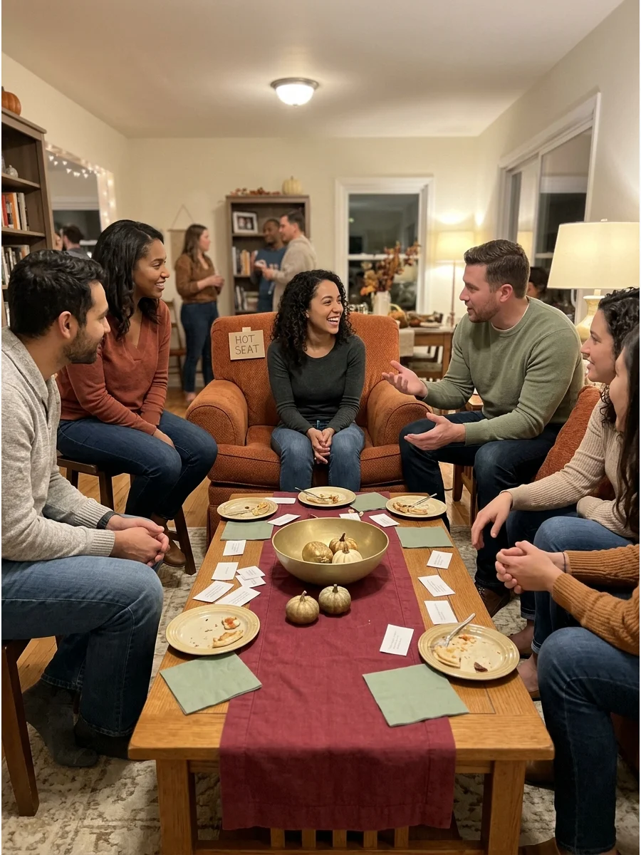 Friendsgiving Hot Seat. One guest sits in the “hot seat” while the others ask rapid questions about favorite foods, memories, opinions, and funny experiences. Give each person one