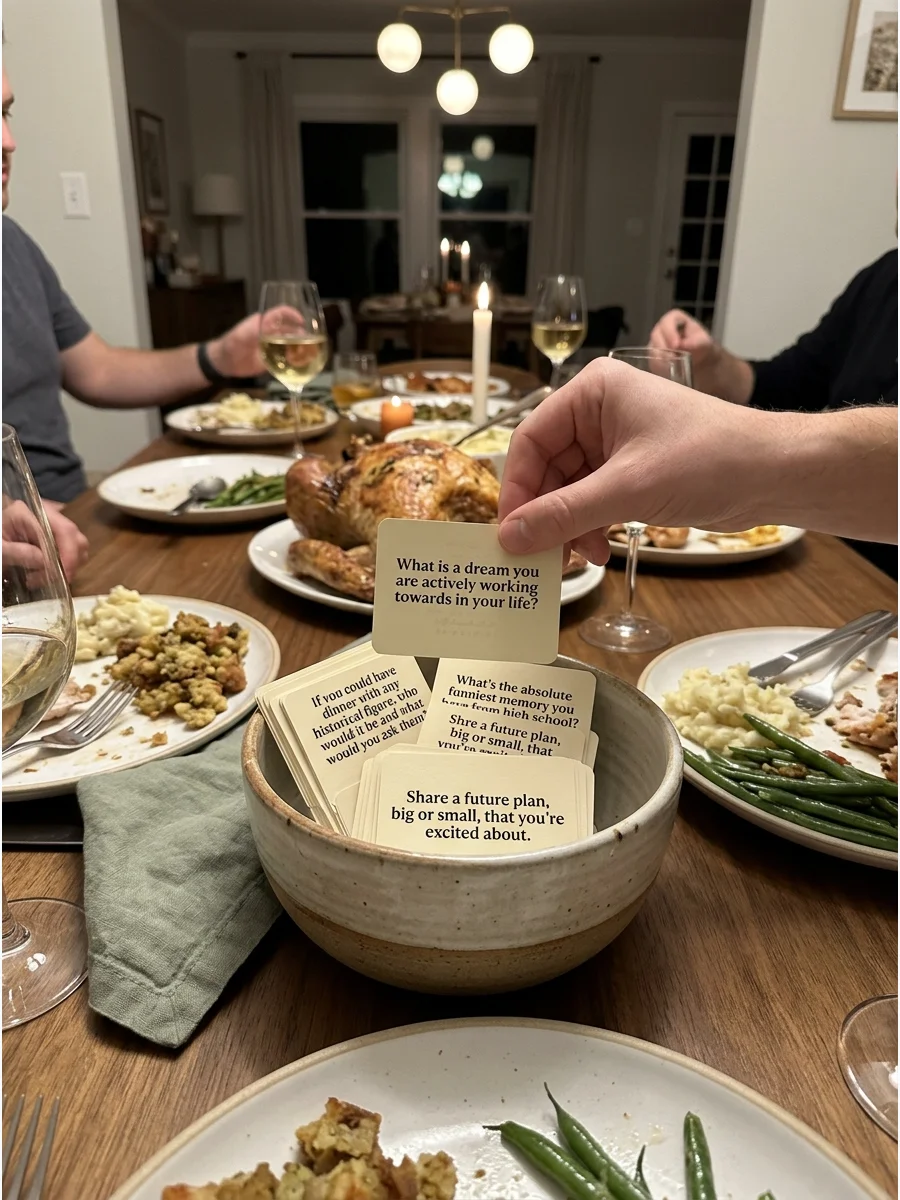 Conversation Card Roulette. Place conversation prompts in a bowl and let guests select them throughout dinner. Include questions about dreams, favorite memories, future plans, and