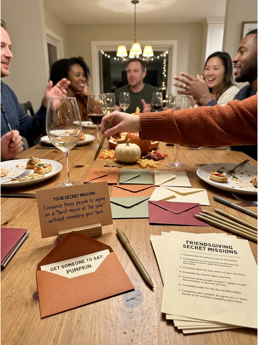 The Secret Mission Game. Give every guest a secret task when they arrive, such as getting someone to say “pumpkin” or convincing the group to take a photo. Players must complete th