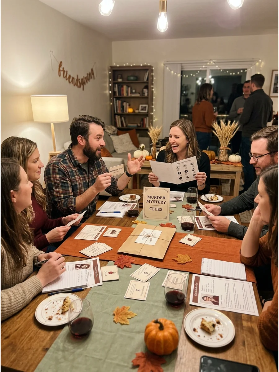 Friendsgiving Murder Mystery. Assign every guest a character and provide clues connected to a fictional mystery. Players interact throughout the evening before attempting to identi