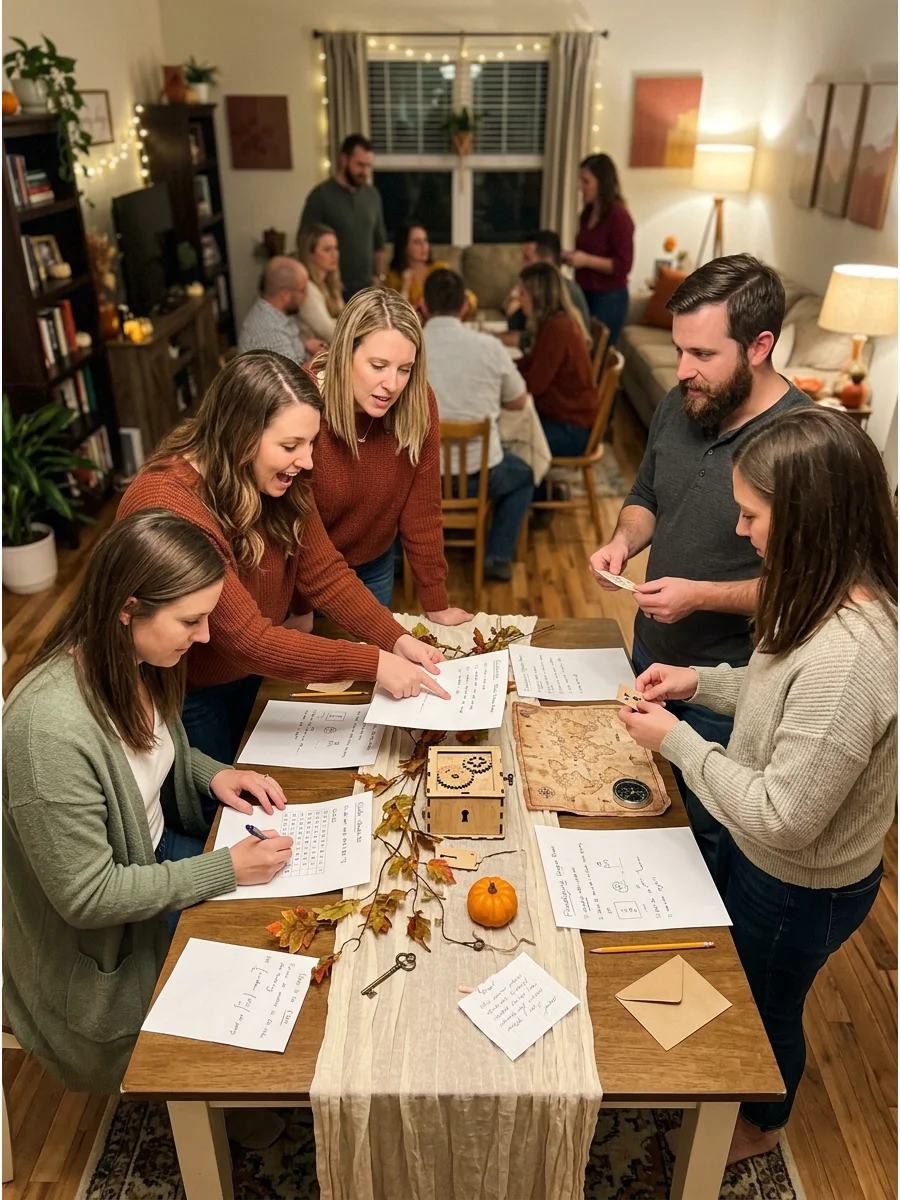 Friendsgiving Escape Room. Hide clues, codes, and small puzzles around the party space. Divide guests into teams and challenge them to solve the final Thanksgiving mystery before t
