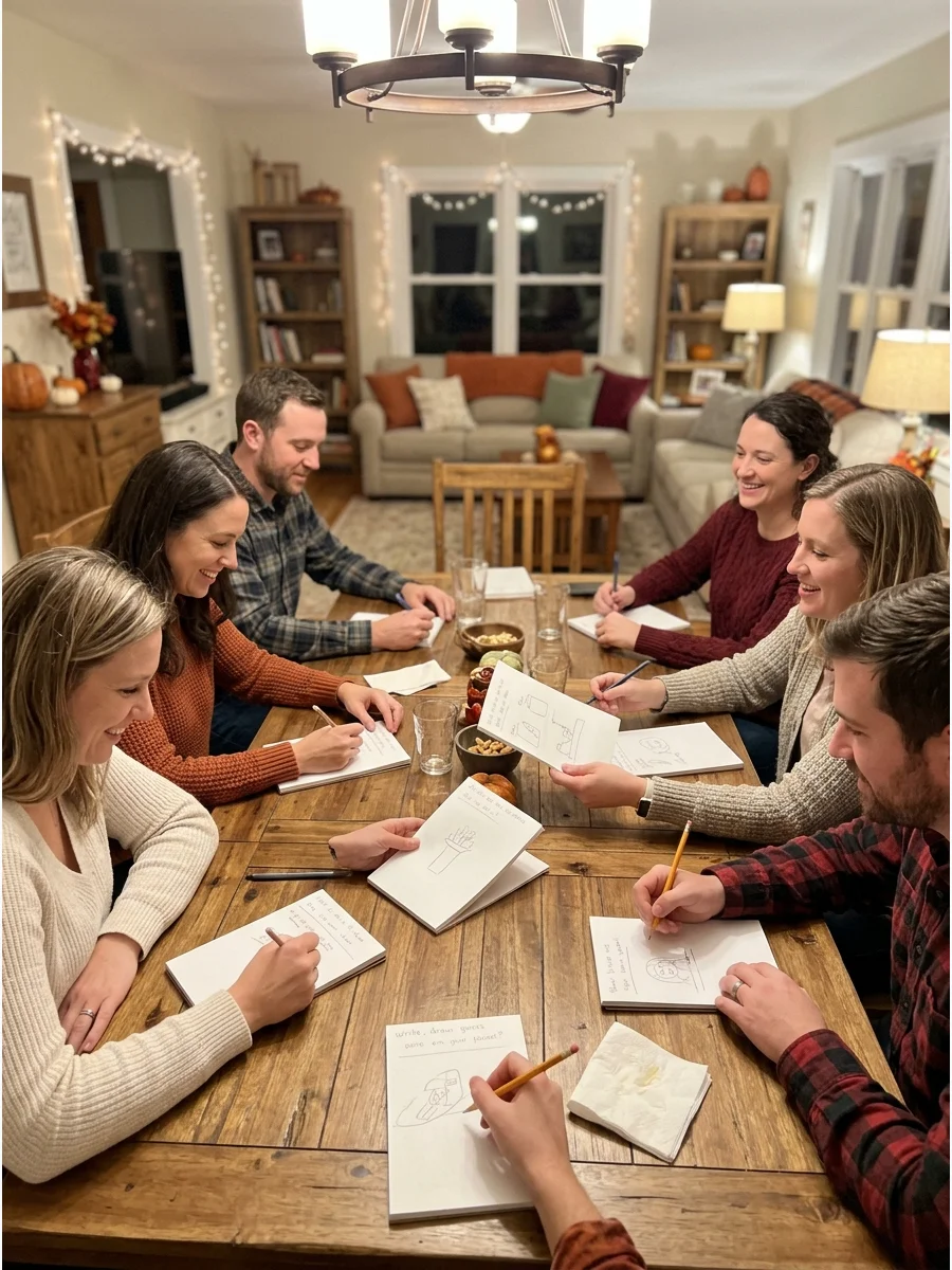 Telephone Pictionary. Each player writes a phrase before passing the paper to the next person, who draws it. The following player guesses the drawing, and the process continues unt