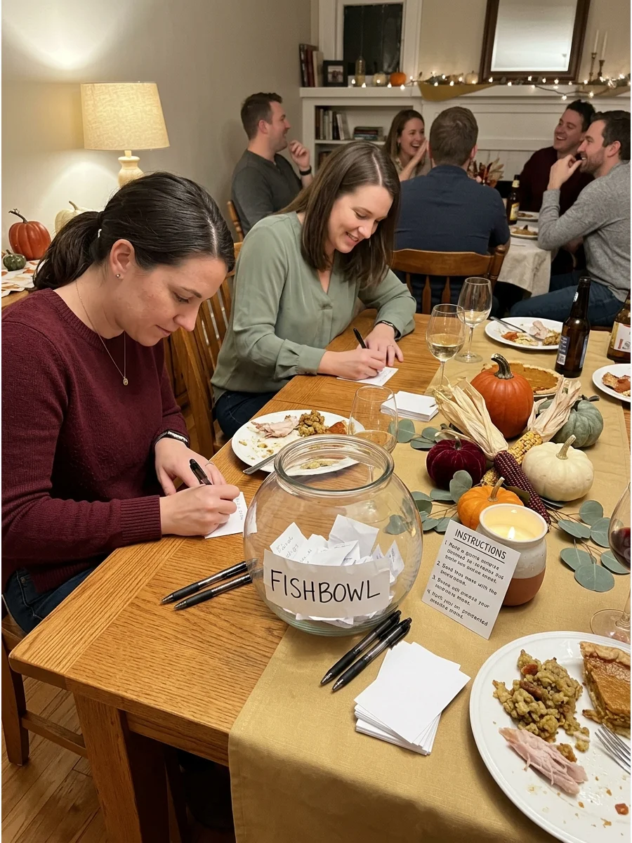 Friendsgiving Fishbowl. Guests write words or phrases on slips of paper and place them in a bowl. Teams use the same prompts for three rounds: describing, acting, and giving a one-