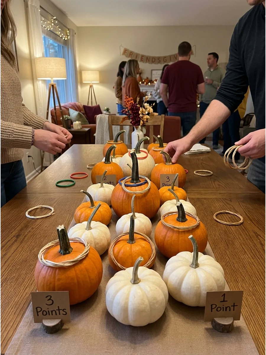 Mini Pumpkin Ring Toss. Arrange miniature pumpkins with long stems and give guests lightweight rings. Players earn points based on the pumpkins they successfully circle. Friendsgiv