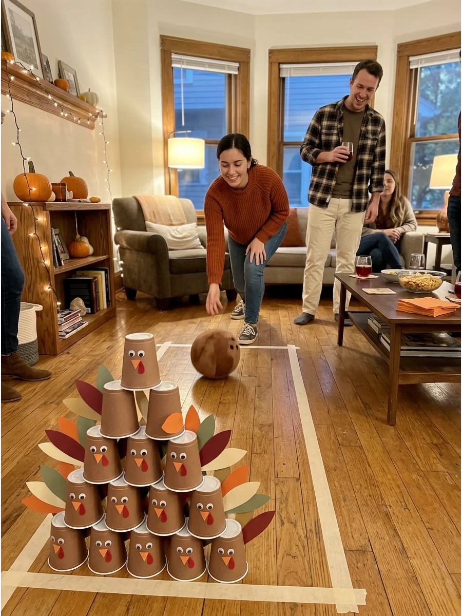 Turkey Bowling. Decorate plastic cups to resemble turkeys and stack them like bowling pins. Guests roll a soft ball toward the cups and compete to knock down the largest number. Fr