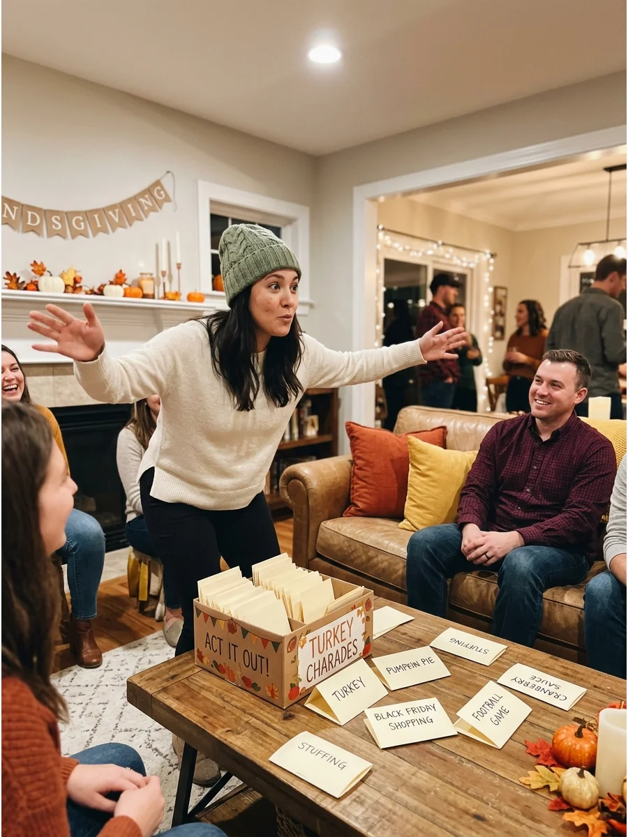 Turkey Charades. Write Thanksgiving-related words and phrases on individual cards. Players take turns acting out turkeys, pumpkin pie, Black Friday shopping, football, and other se