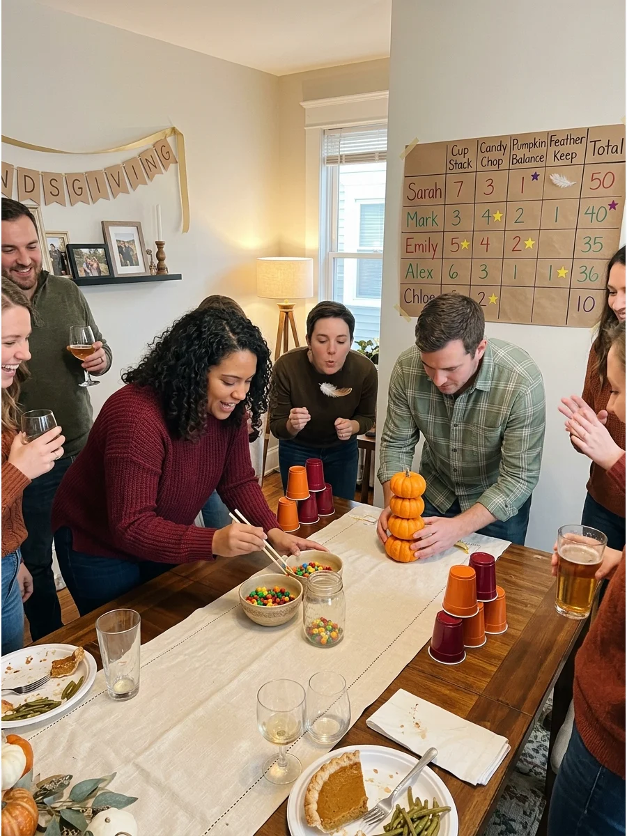 Friendsgiving Minute-to-Win-It Tournament. Set up several one-minute challenges, such as stacking cups, moving candy with chopsticks, balancing miniature pumpkins, or keeping a fea