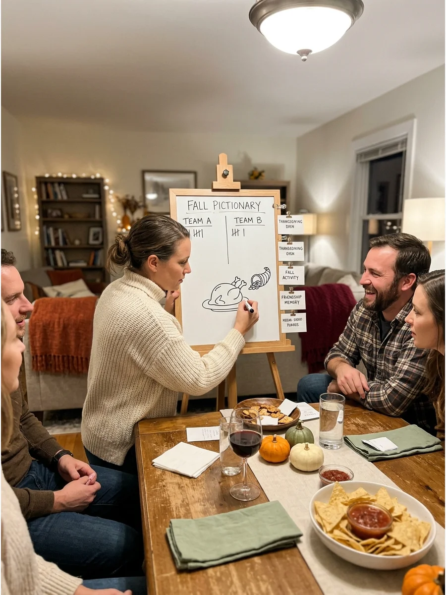 Fall Pictionary. Prepare drawing prompts related to fall, friendship, food, and Thanksgiving. Divide everyone into teams and give each artist a limited amount of time to draw the a