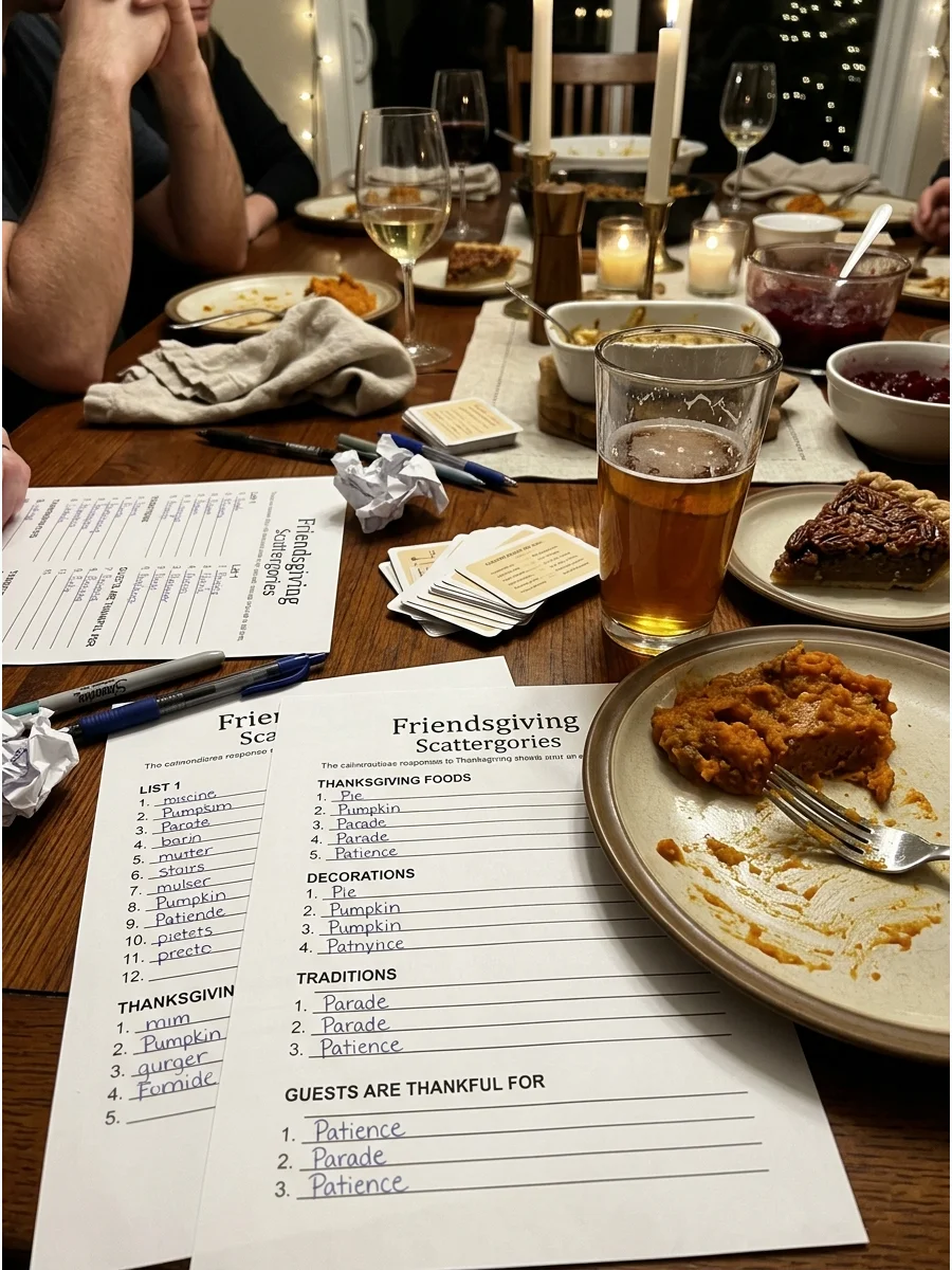 Friendsgiving Scattergories. Choose Thanksgiving-themed categories such as foods, decorations, traditions, and things guests are thankful for. Players must think of unique answers