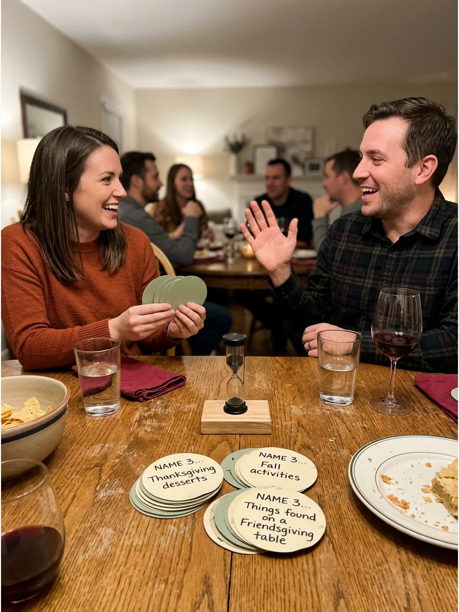 Thanksgiving 5-Second Rule. Ask players to name three items from a category within five seconds. Prompts might include three Thanksgiving desserts, three fall activities, or three