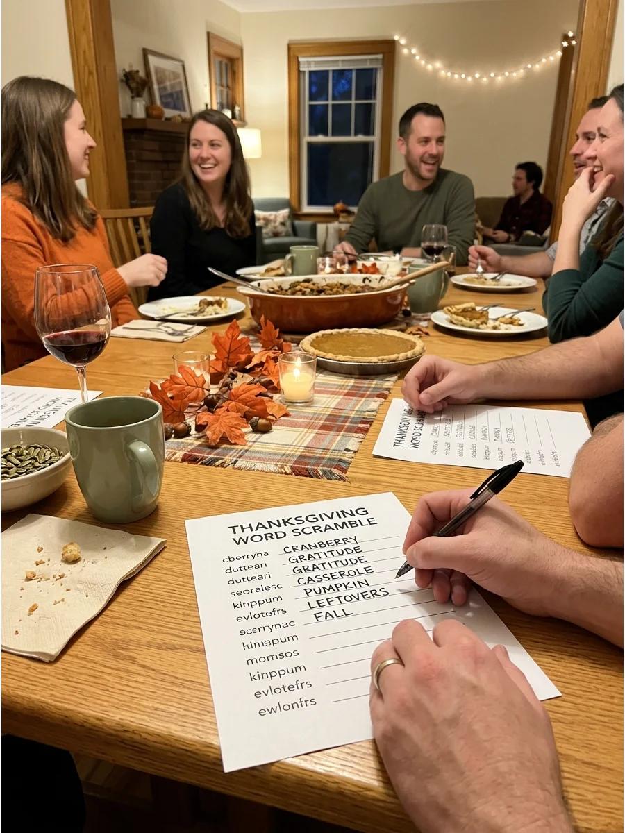 Thanksgiving Word Scramble. Create a printable page containing scrambled seasonal words such as cranberry, gratitude, casserole, pumpkin, and leftovers. The first person to unscram