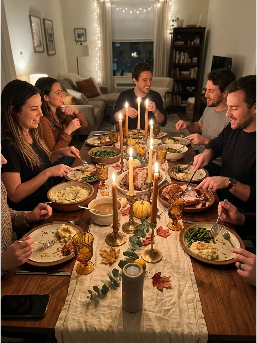 Cozy Candlelit Friendsgiving. Create a warm and intimate atmosphere with taper candles, amber glassware, soft linens, and dim lighting. Serve comforting dishes family-style while a