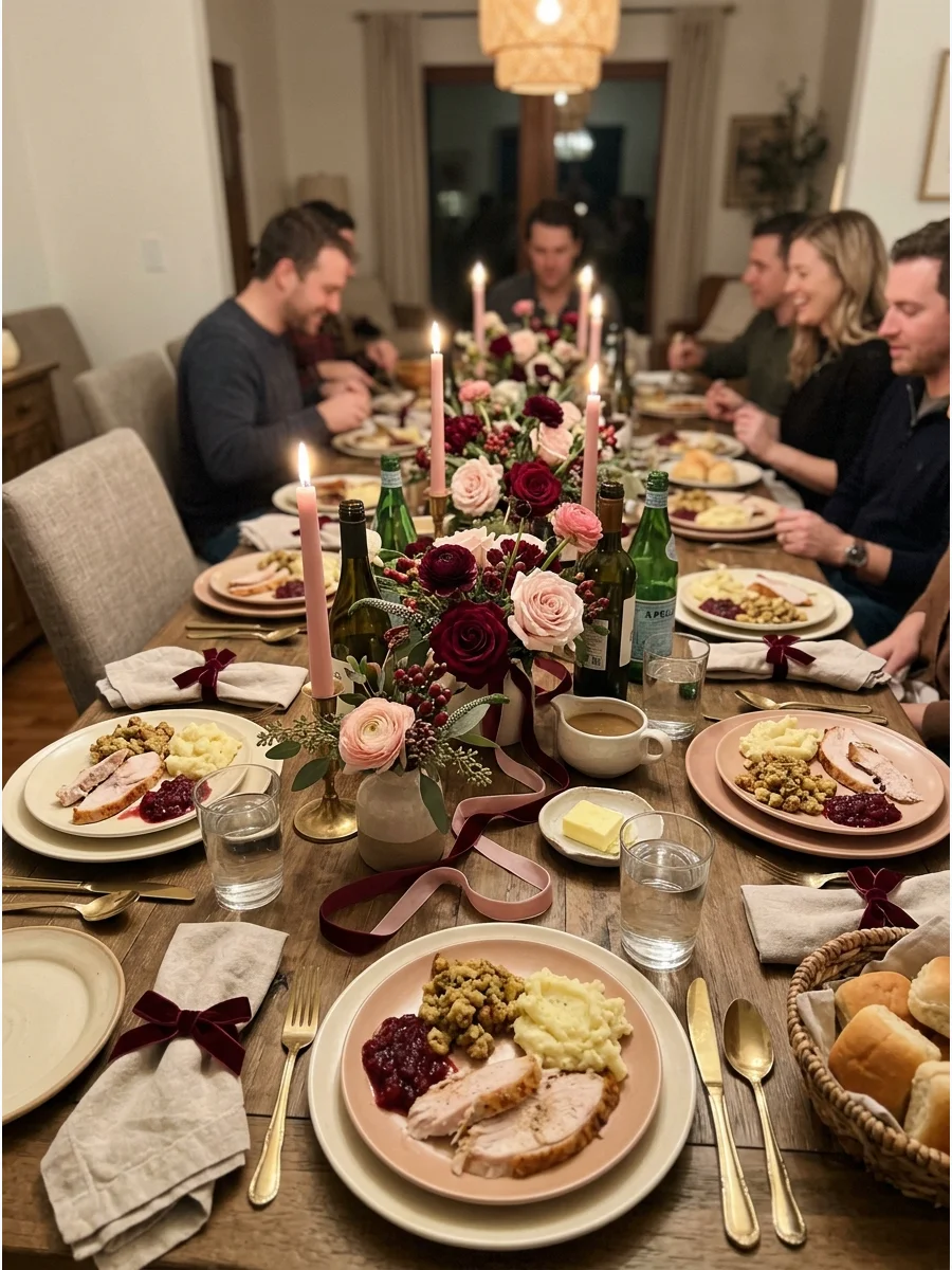 Burgundy and Blush Friendsgiving. Combine deep burgundy with blush pink, cream, and touches of gold. Use roses, berries, velvet ribbon, and pink taper candles for a romantic season