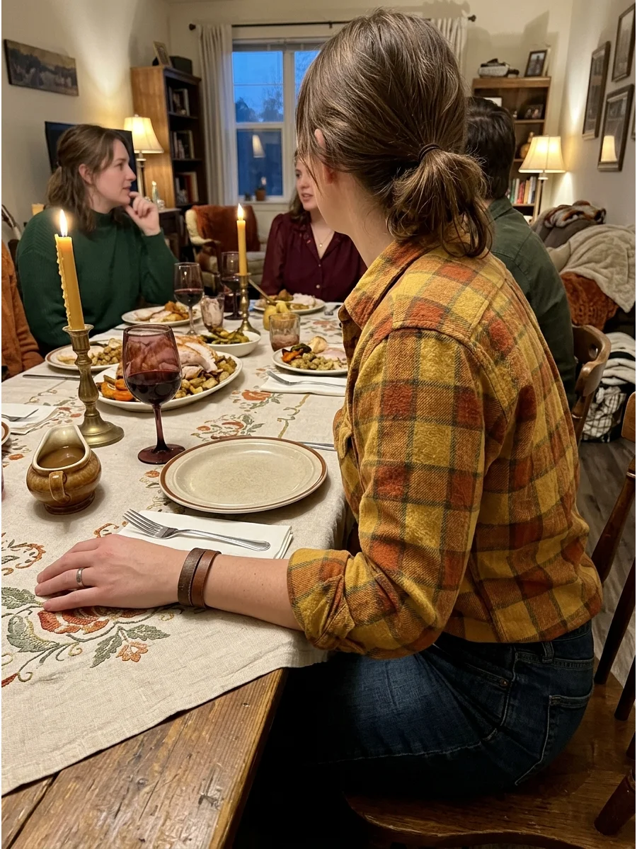 Vintage Thanksgiving Friendsgiving. Use thrifted plates, embroidered tablecloths, colored glassware, and antique-style candleholders. Encourage guests to wear vintage-inspired fall