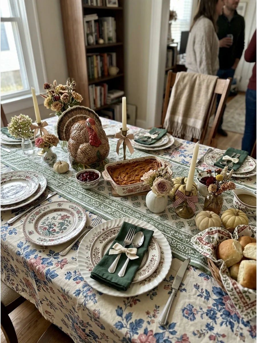 Grandmillennial Friendsgiving. Mix floral tablecloths, patterned china, bows, ruffles, and traditional serving dishes. Layering different nostalgic patterns gives the celebration a