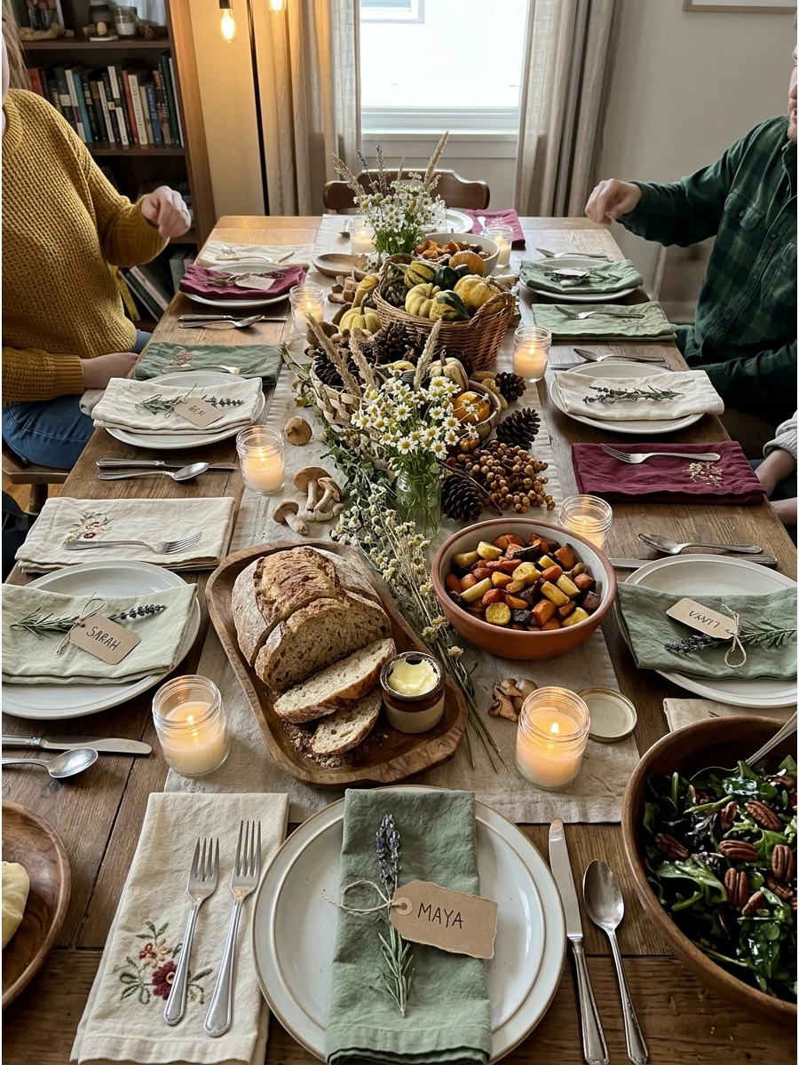 Cottagecore Friendsgiving. Decorate with wildflowers, mushrooms, baskets, embroidered linens, and homemade bread. Serve rustic seasonal food and use handwritten place cards for a c