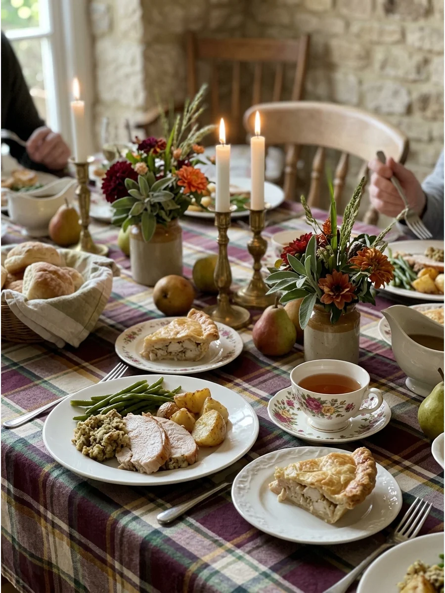 English Countryside Friendsgiving. Use plaid textiles, floral china, brass candlesticks, pears, and garden-style flower arrangements. Serve dinner with tea, pies, and classic comfo