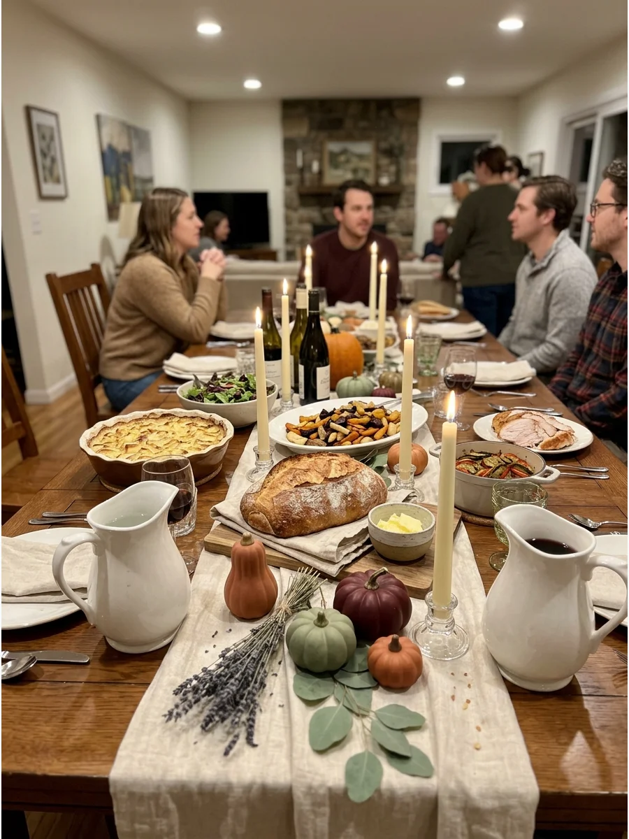 French Country Friendsgiving. Combine cream linens, lavender accents, rustic bread, ceramic pitchers, and soft candlelight. Add French-inspired dishes or pastries alongside familia
