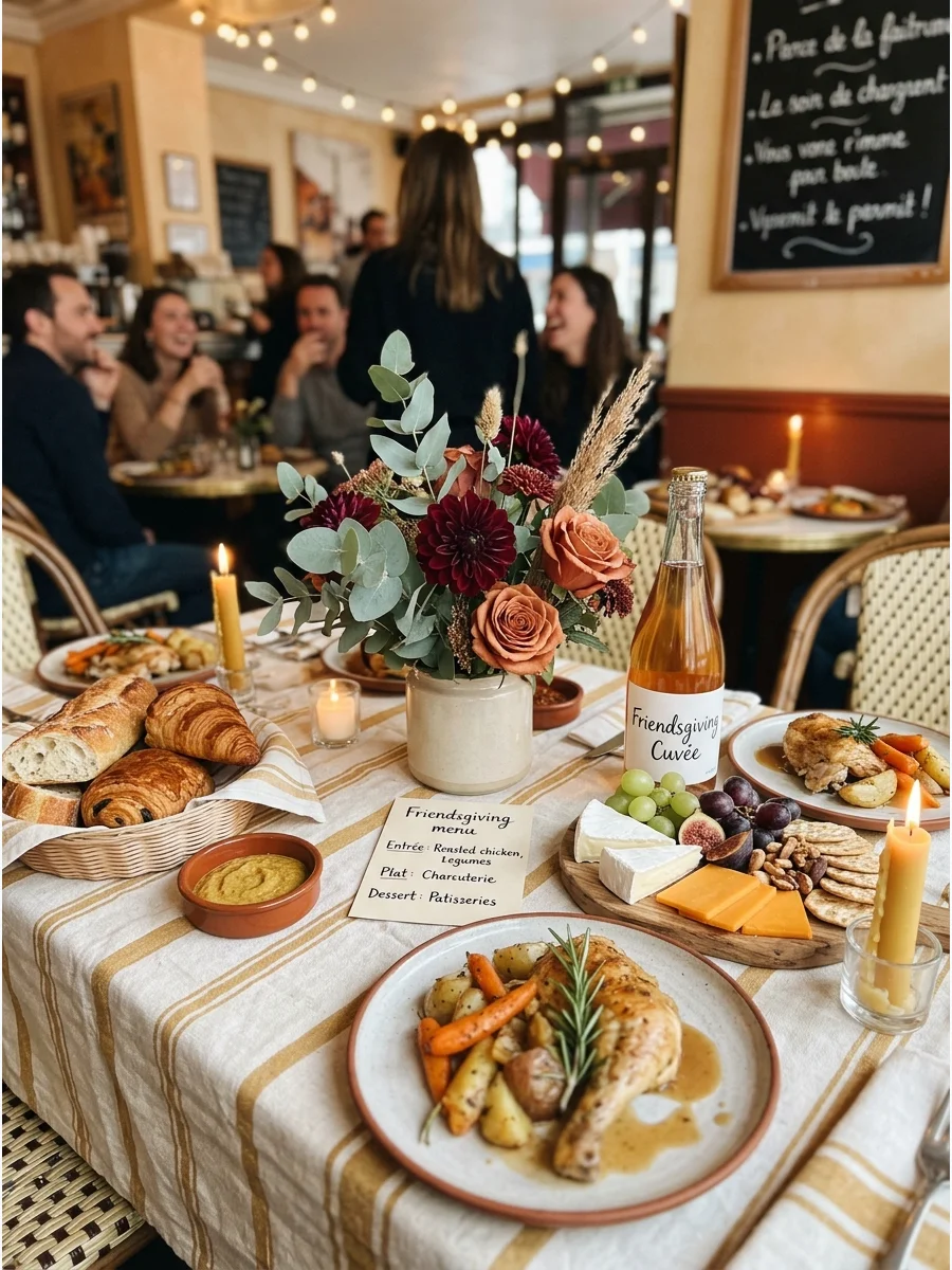 Parisian Café Friendsgiving. Turn the dining area into a cozy café with small bistro tables, handwritten menus, striped details, and candlelight. Serve pastries, cheese boards, roa