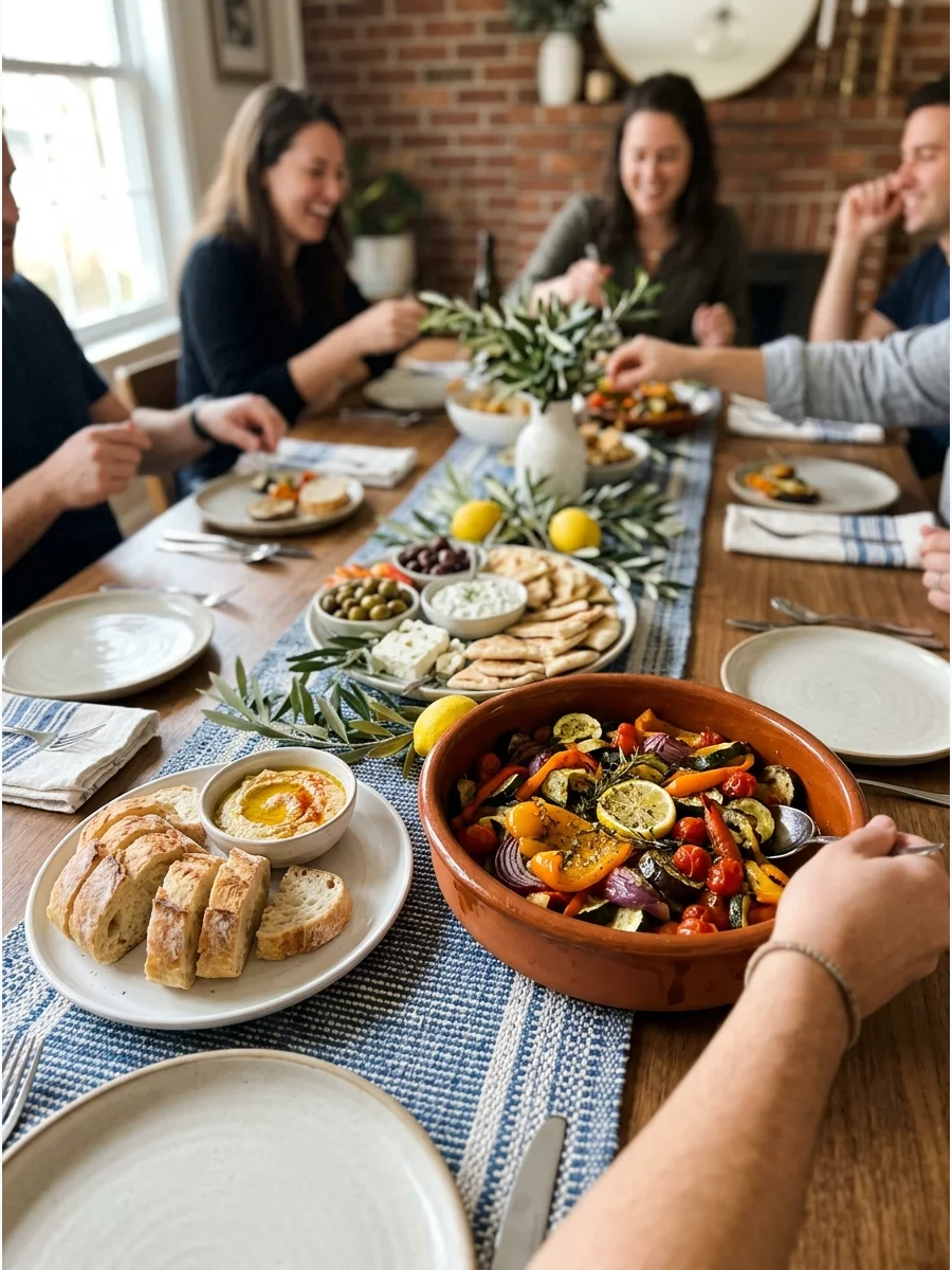 Mediterranean Friendsgiving. Use lemons, olive branches, white dishes, blue textiles, and terracotta serving bowls. Build the menu around roasted vegetables, breads, dips, salads,