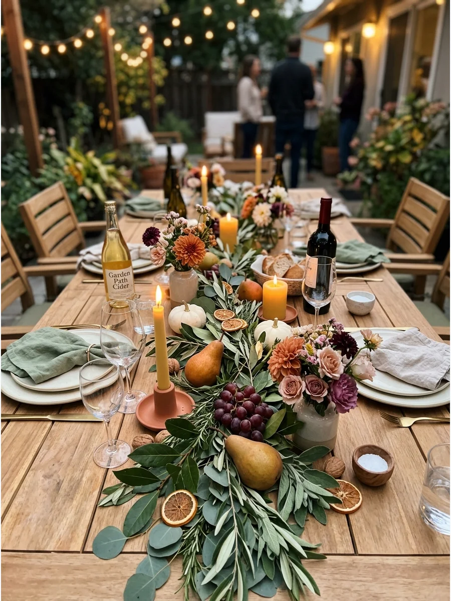 Garden-Inspired Friendsgiving. Create a seasonal garden tablescape using herbs, greenery, pears, grapes, and small flower arrangements. Combine natural decorations with warm candle