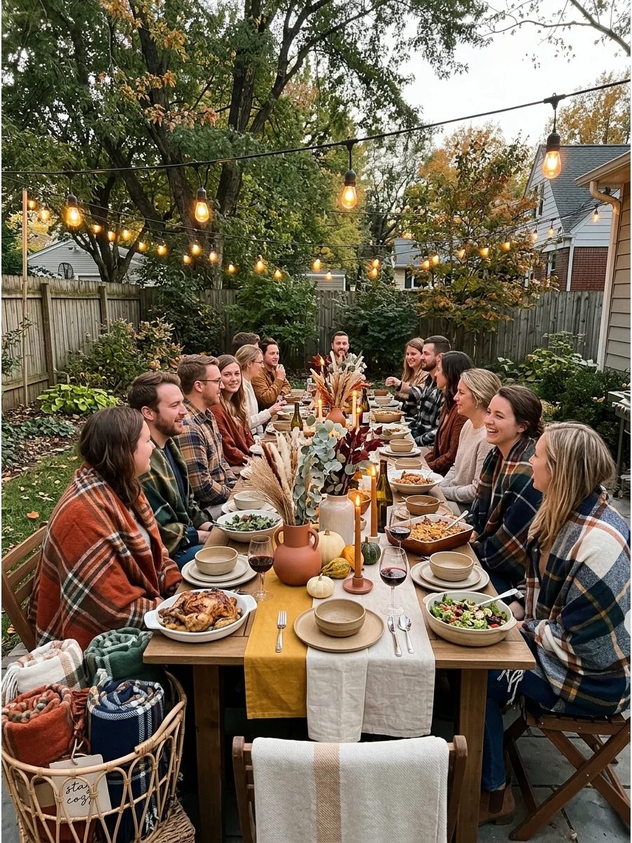 Backyard Friendsgiving Dinner. Set up one long table outdoors with string lights, blankets, candles, and simple fall centerpieces. Provide a basket of throws to keep guests comfort