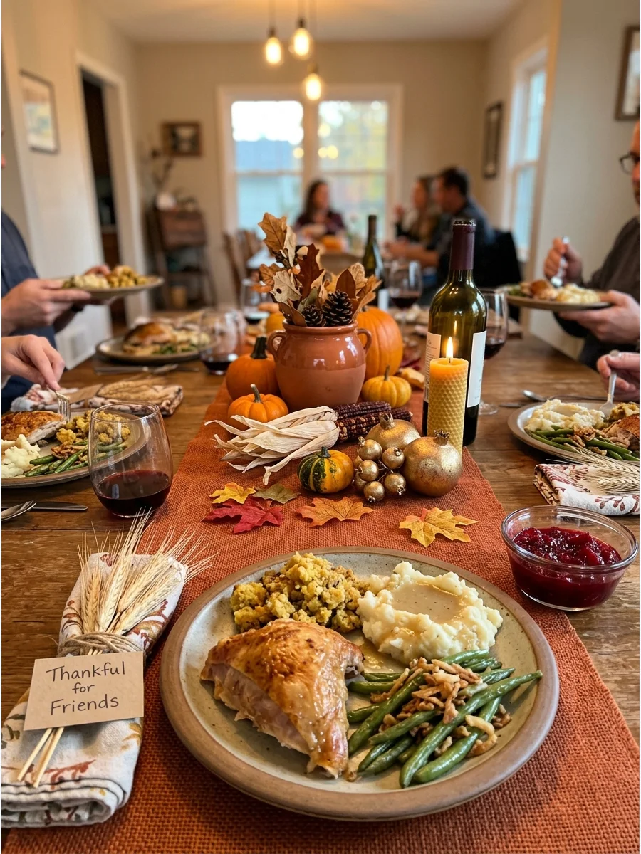 Classic Fall Harvest Friendsgiving. Decorate with pumpkins, wheat, dried leaves, apples, and rich autumn colors. Use traditional Thanksgiving food and a simple “Thankful for Friend