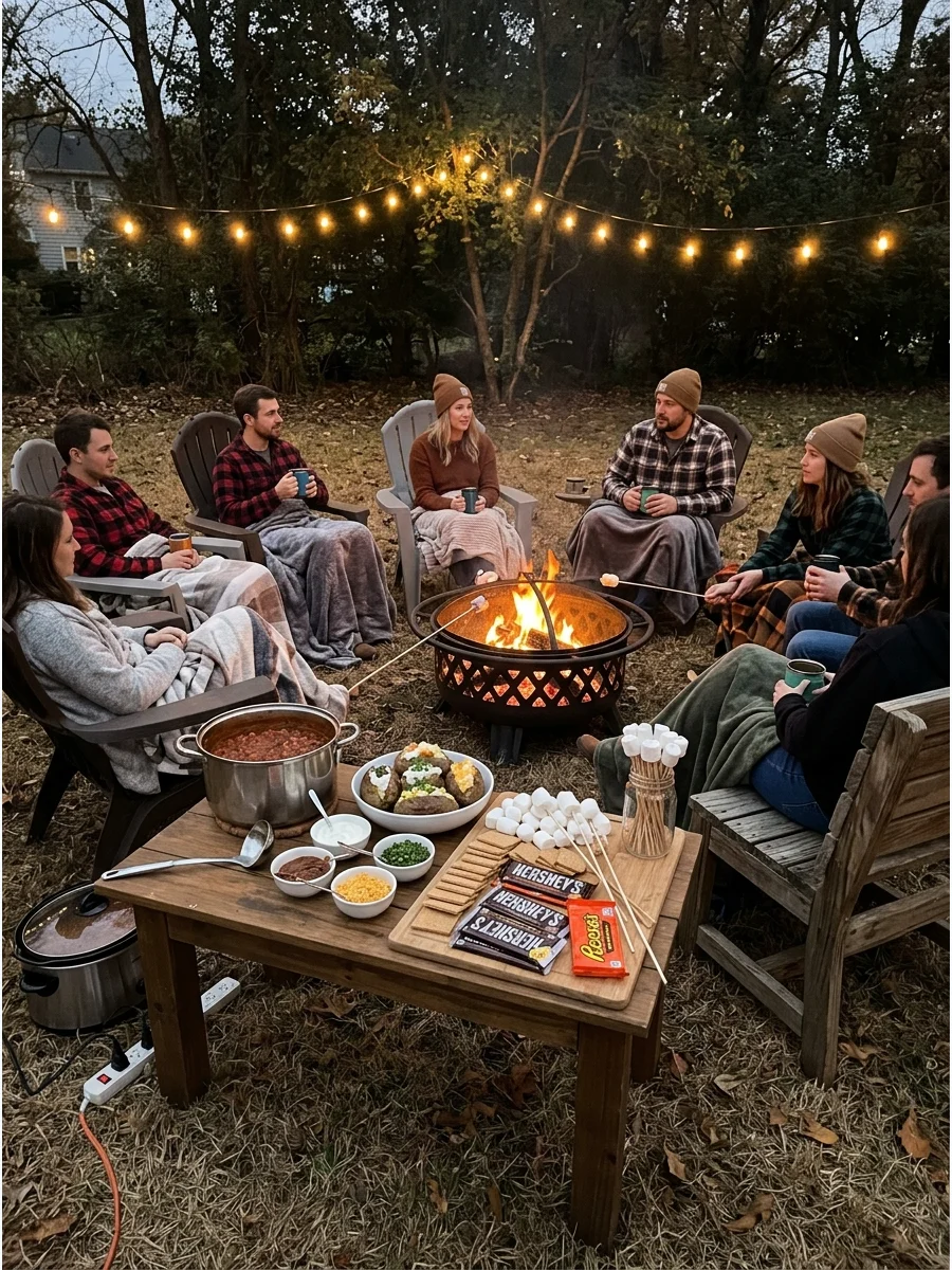 Friendsgiving Bonfire Night. Arrange outdoor seating around a safe fire pit with blankets and lanterns. Serve chili, baked potatoes, warm cider, and a build-your-own s’mores board.