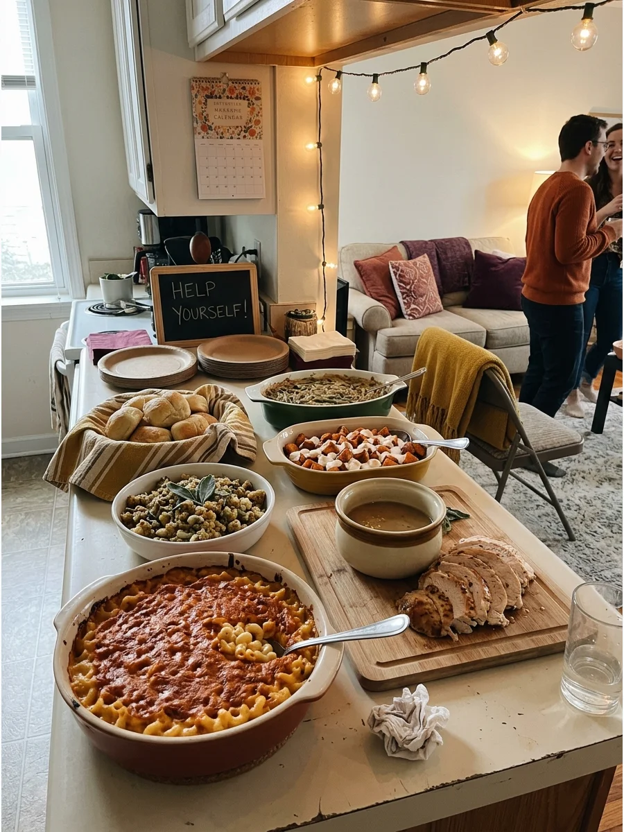 Small-Apartment Friendsgiving. Use a buffet or kitchen counter for food and create flexible seating throughout the living room. Folding chairs, floor cushions, and small side table