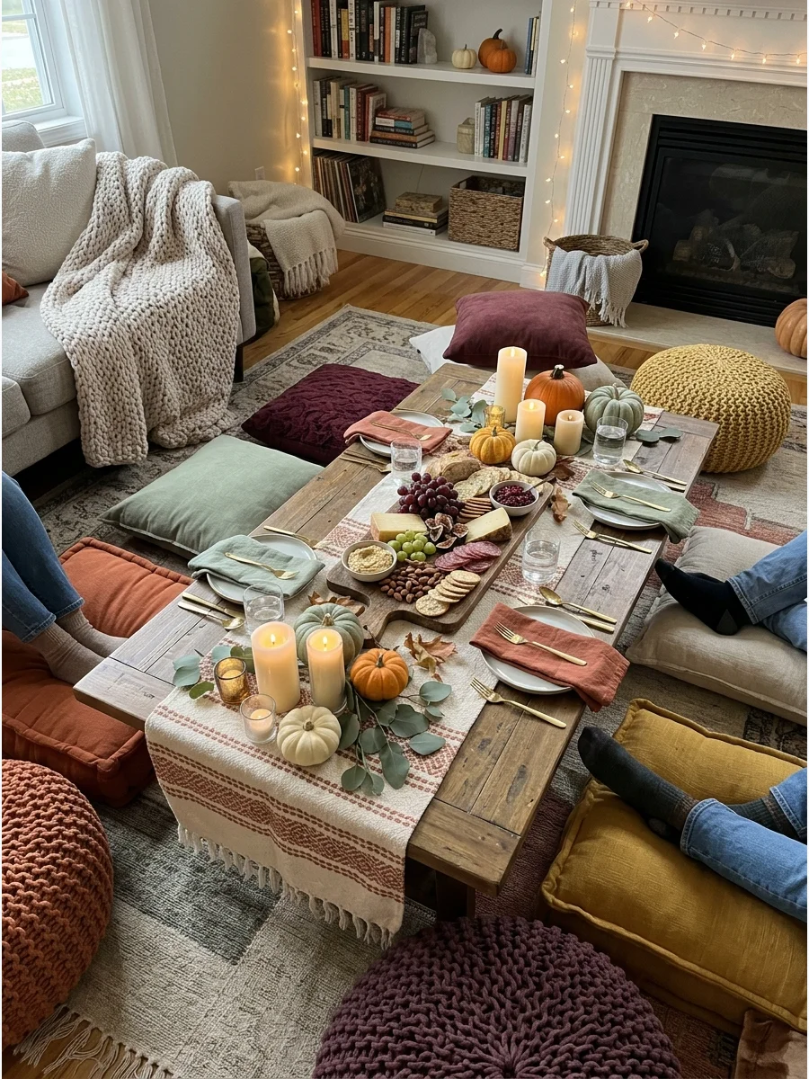 Floor Picnic Friendsgiving. Set a low table surrounded by cushions, blankets, and poufs. Decorate with candles, pumpkins, and grazing boards for a comfortable indoor picnic atmosph