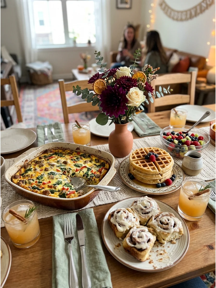 Friendsgiving Brunch. Serve waffles, cinnamon rolls, breakfast casseroles, fruit, pastries, and seasonal mocktails. Use light fall colors and fresh flowers for a cheerful late-morn