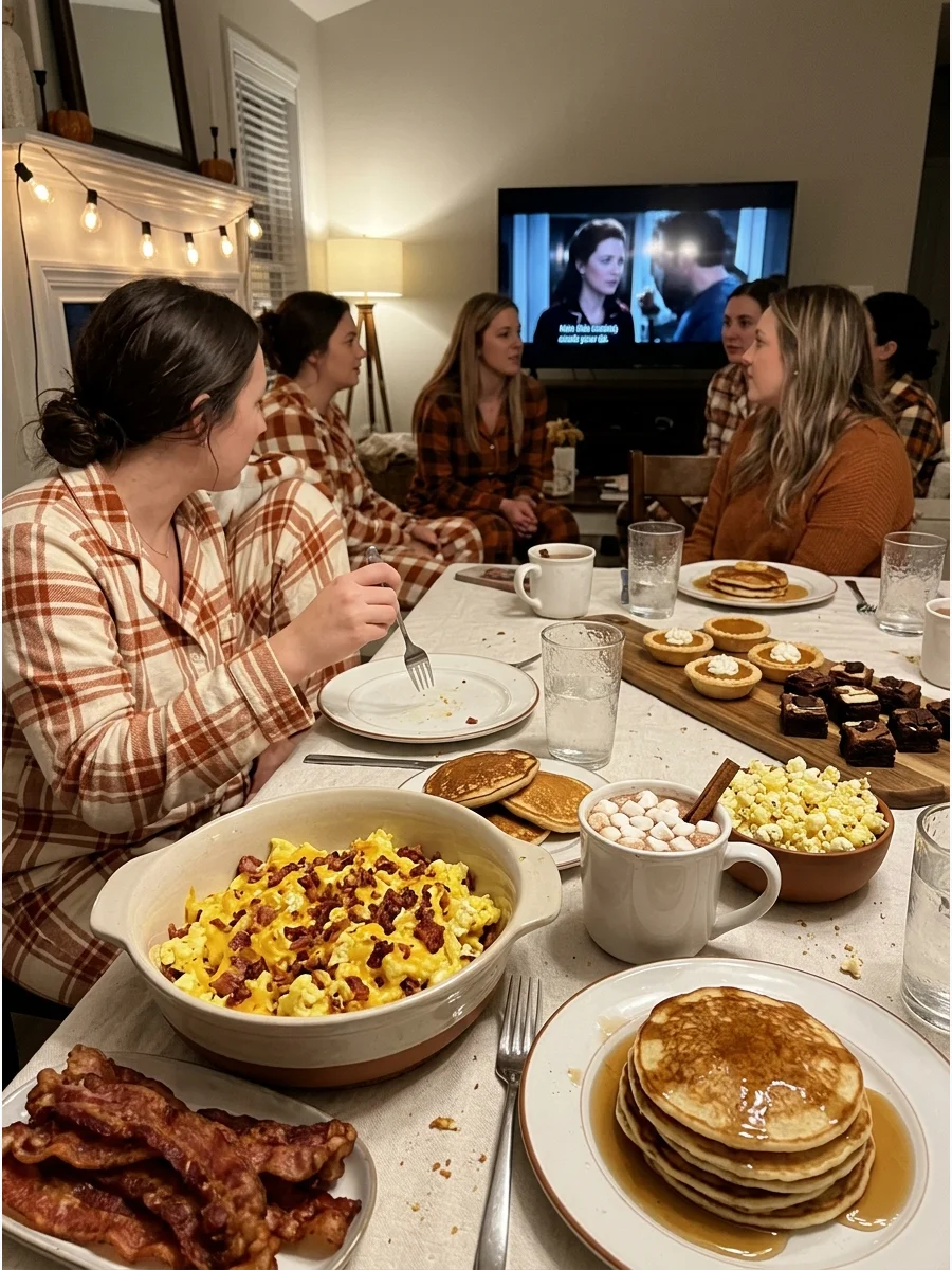 Friendsgiving Pajama Party. Ask everyone to arrive in comfortable pajamas or matching fall sets. Serve breakfast-for-dinner, hot chocolate, popcorn, and miniature desserts while wa