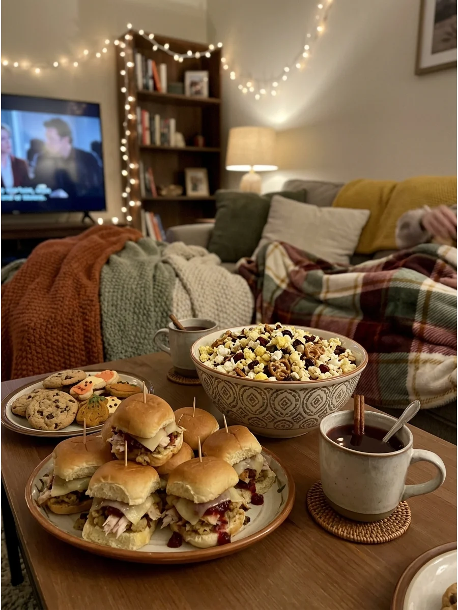 Friendsgiving Movie Night. Choose several cozy or funny movies and create a relaxed viewing area with blankets and pillows. Serve Thanksgiving sliders, popcorn mixes, cookies, and