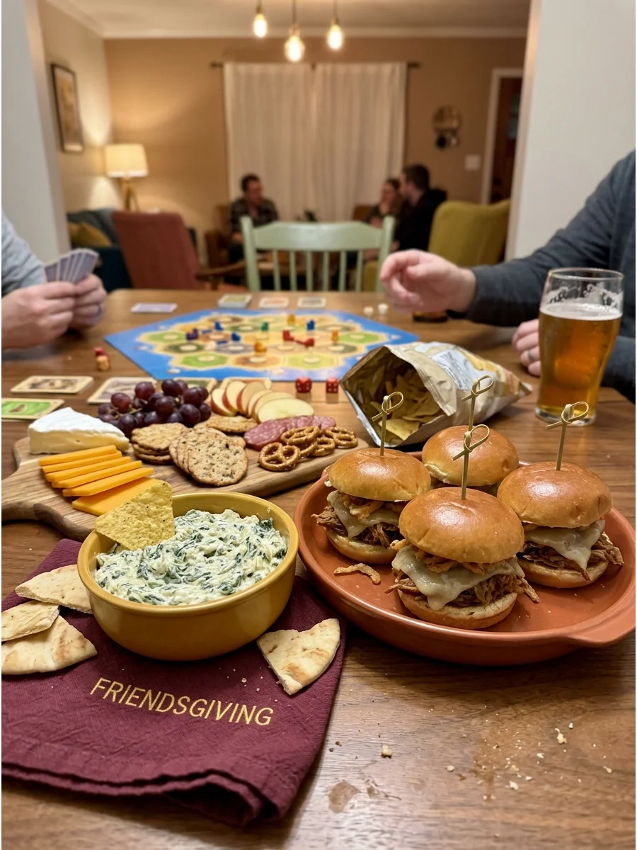 Friendsgiving Game Night. Center the gathering around board games, card games, trivia, and friendly group competitions. Serve foods that are easy to eat between games, such as slid