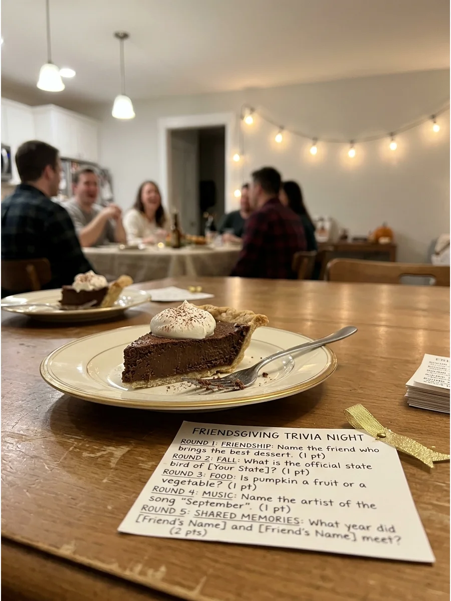 Friendsgiving Trivia Night. Prepare trivia rounds about friendship, fall, food, music, and shared memories. Divide guests into teams and offer a small seasonal prize to the winners