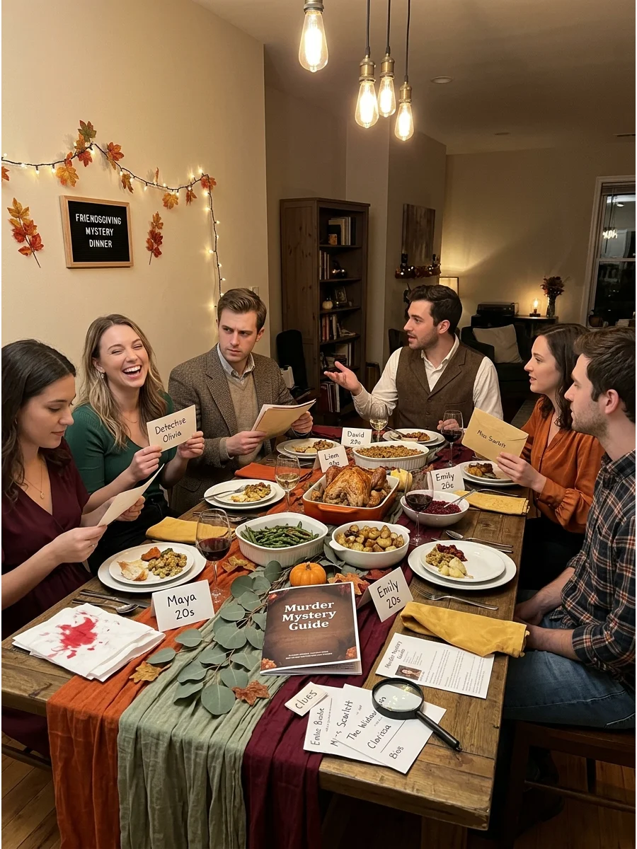 Friendsgiving Murder Mystery Dinner. Give each guest a fictional character and turn dinner into an interactive mystery. Match the decorations and menu to the chosen setting, such a
