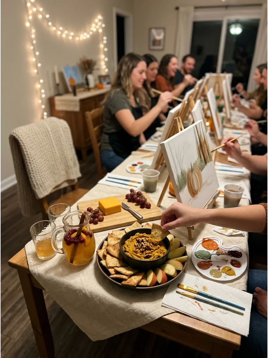 Paint-and-Sip Friendsgiving. Provide small canvases, brushes, paint, and a simple fall picture for guests to recreate. Serve appetizers and festive nonalcoholic drinks while everyo