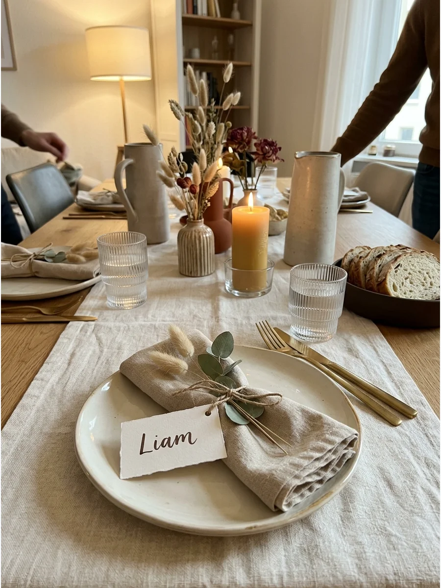 Modern Neutral Friendsgiving. Choose a sophisticated palette of cream, beige, brown, and muted green. Combine neutral tableware with linen napkins, dried flowers, and minimalist pl