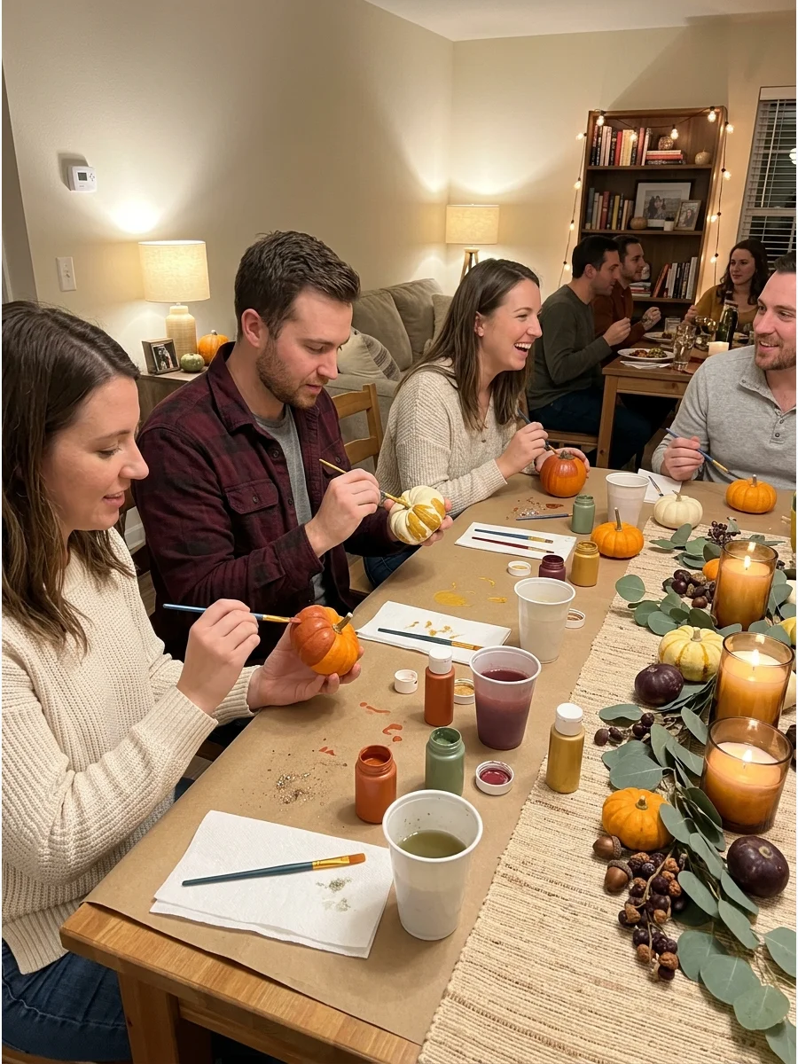 Friendsgiving Craft Night. Combine dinner with a simple activity such as wreath making, candle decorating, or painting miniature pumpkins. Guests can take their completed crafts ho