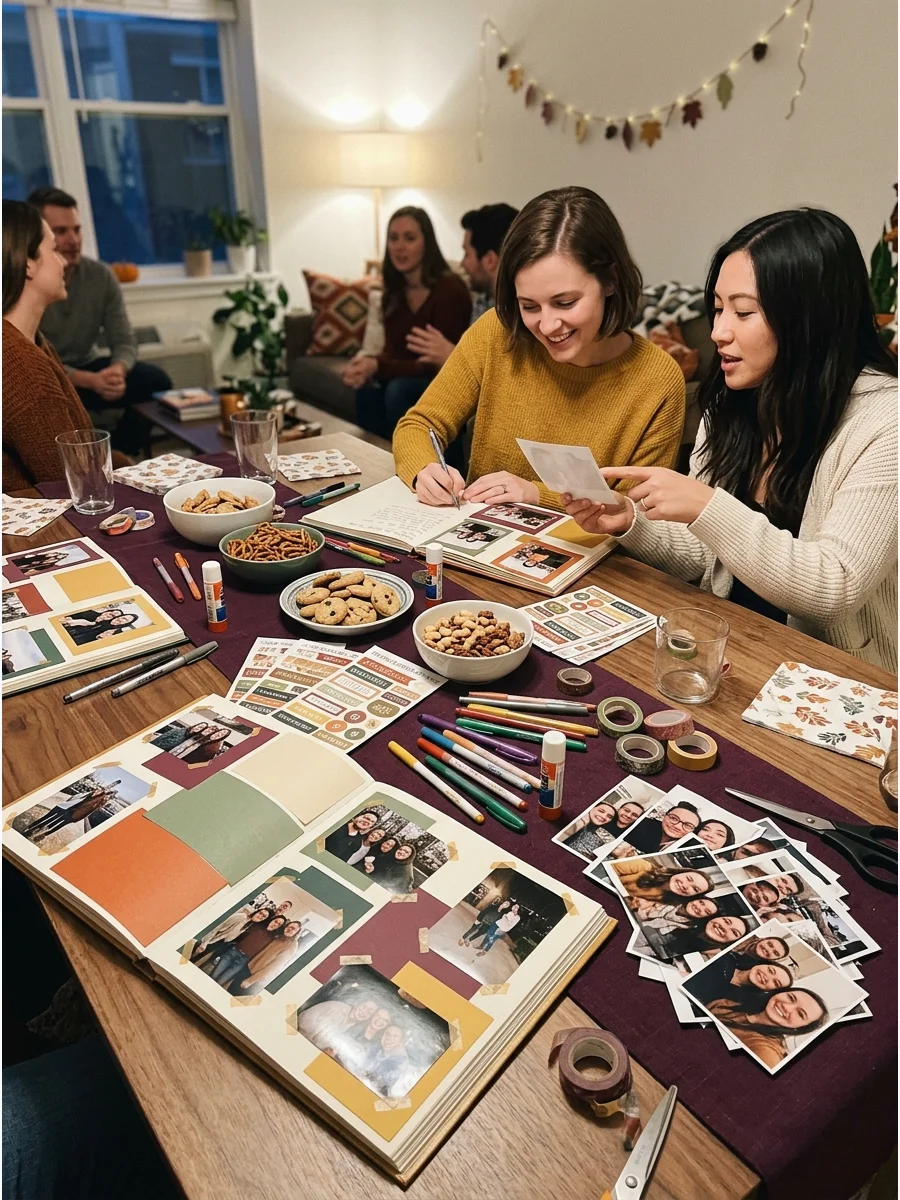 Friendsgiving Scrapbook Night. Ask everyone to bring printed photographs from the year. Provide scrapbook paper, stickers, pens, and decorative supplies so the group can create pag