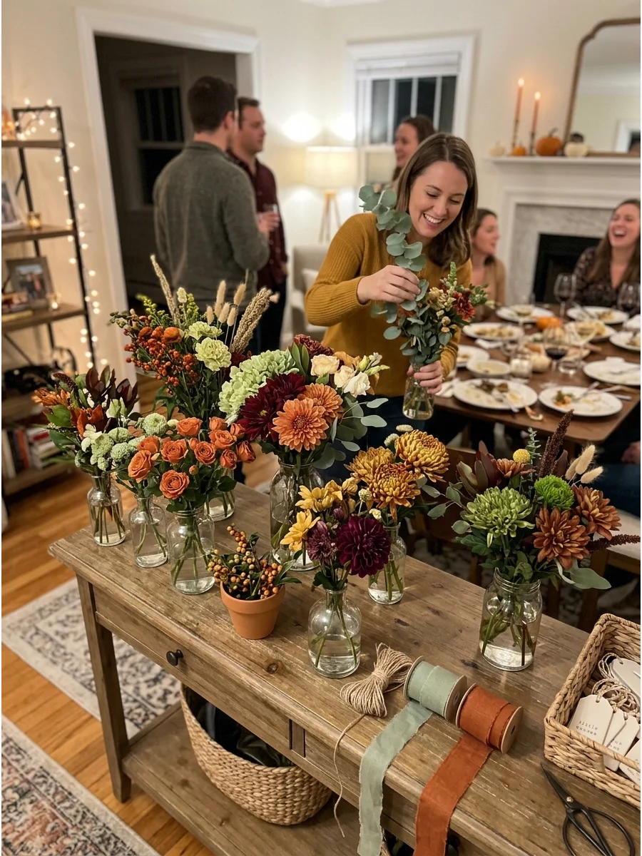 Friendsgiving Flower Bar. Set out seasonal flowers, greenery, ribbon, and small vases after dinner. Each guest can arrange a bouquet to enjoy during the party and take home afterwa