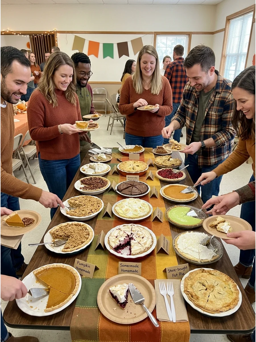 Friendsgiving Pie Swap. Ask every guest to bring a different homemade or store-bought pie. Cut the pies into smaller servings so everyone can taste several flavors and take leftove