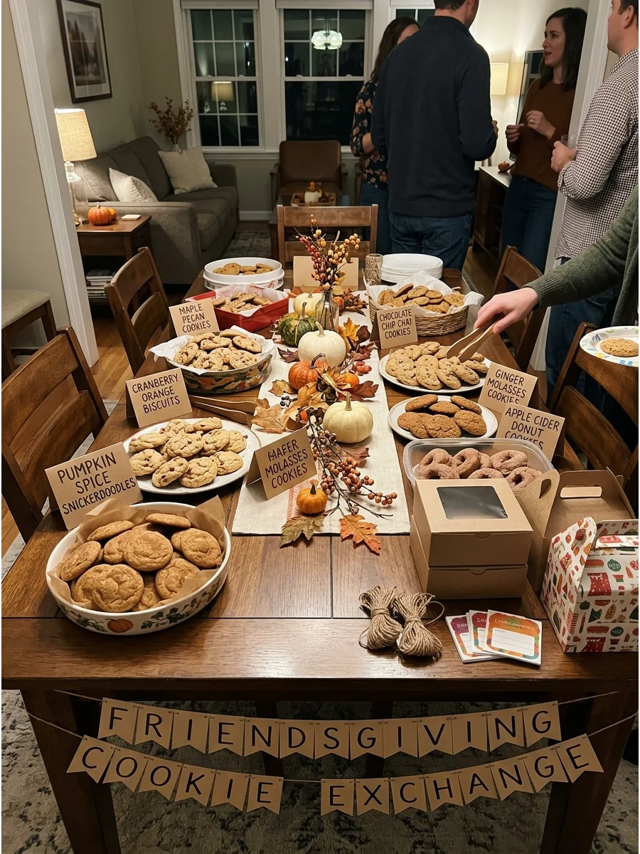 Friendsgiving Cookie Exchange. Have each guest bring a batch of fall-inspired cookies. Display everything on a large dessert table and provide boxes for creating take-home assortme