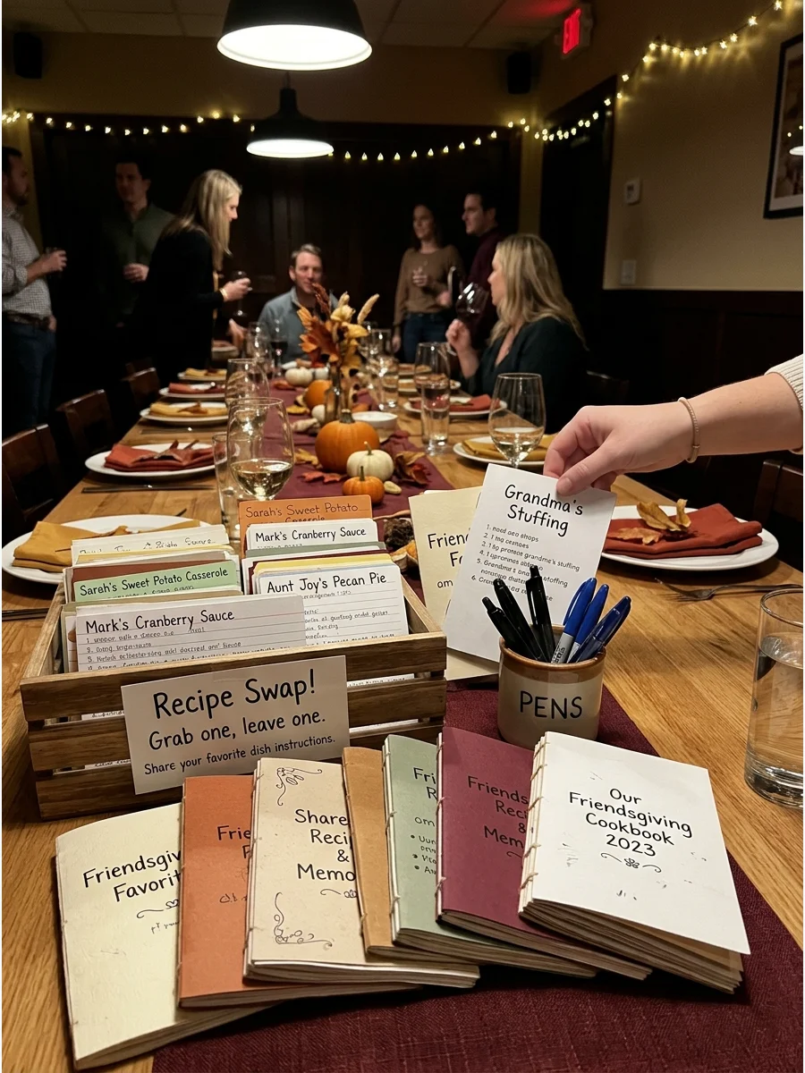 Friendsgiving Recipe Swap. Ask guests to bring a favorite family or personal recipe along with their dish. Collect copies of the recipes and turn them into a small Friendsgiving re