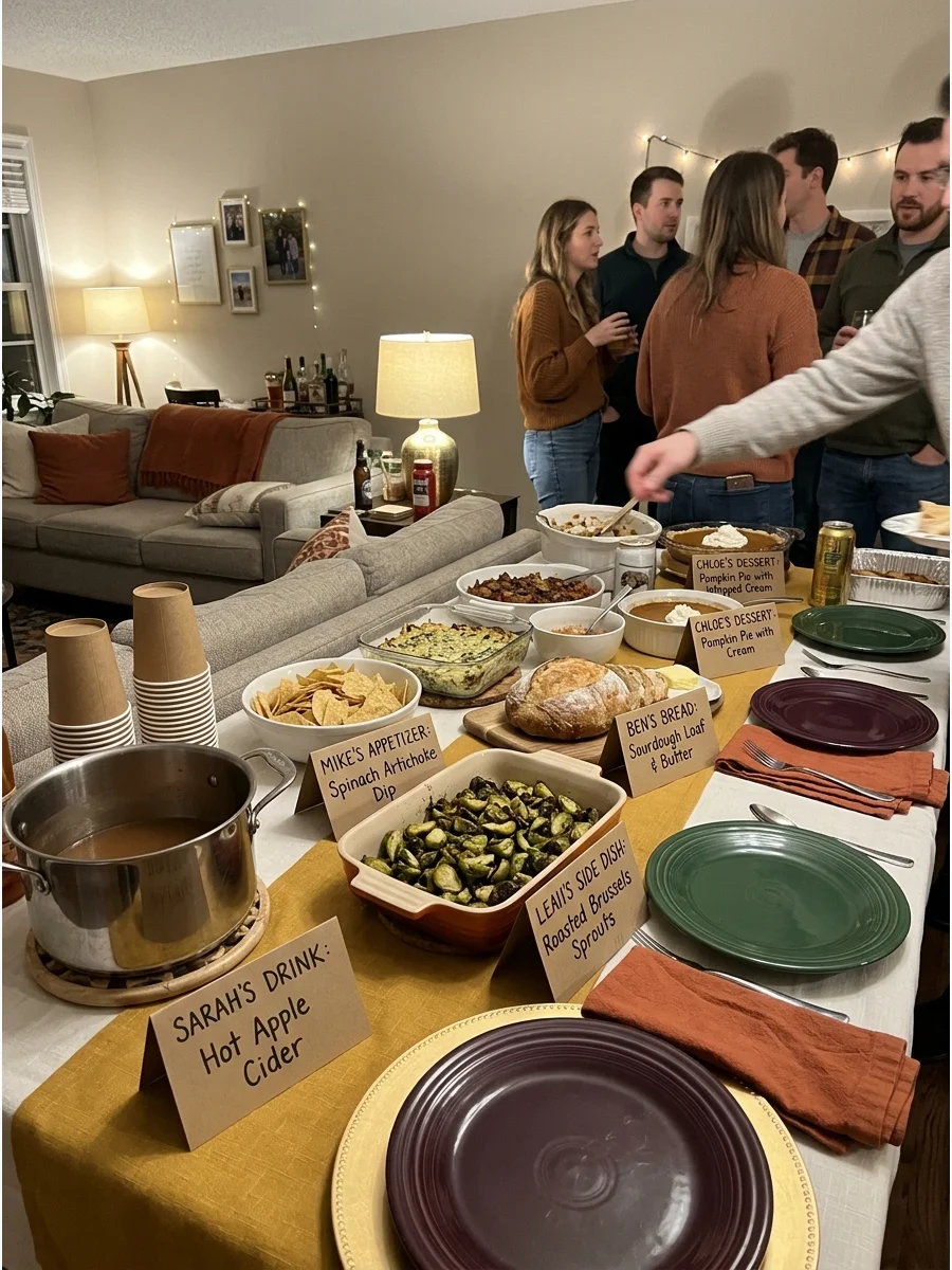 Traditional Potluck Friendsgiving. Assign each guest a category such as appetizer, side dish, dessert, bread, or drink. Use labels on the buffet so everyone can easily identify eac