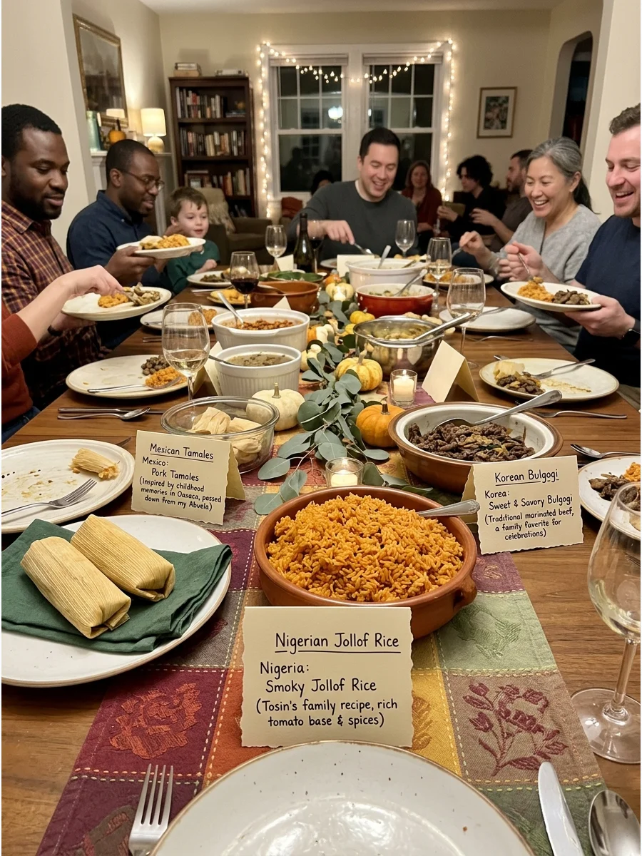Around-the-World Friendsgiving. Invite guests to bring dishes inspired by different countries or family backgrounds. Decorate the table with small menu cards explaining each dish a