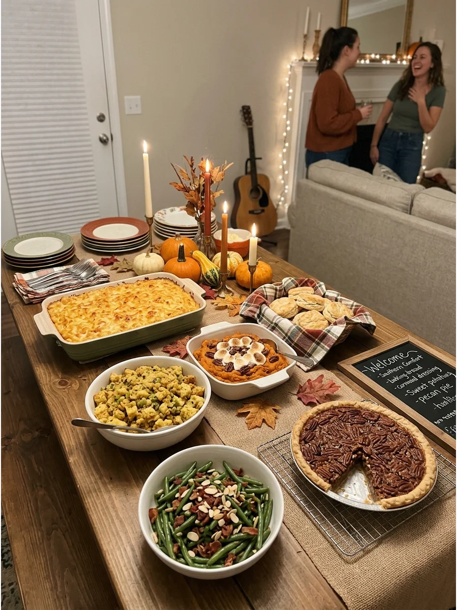 Southern Comfort Friendsgiving. Serve baked macaroni and cheese, cornbread dressing, sweet potatoes, biscuits, green beans, and pecan pie. Use warm farmhouse decorations and soulfu