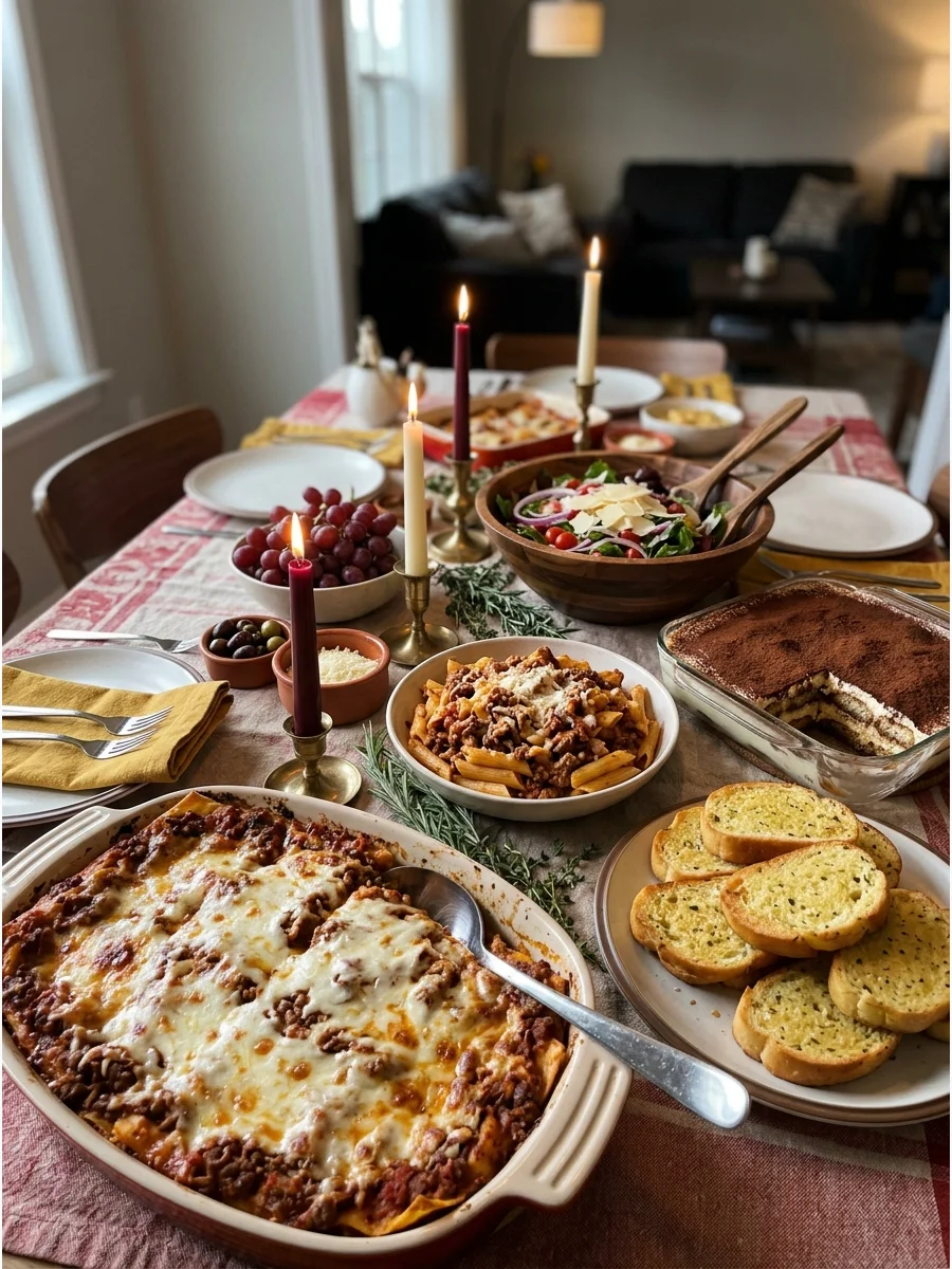 Italian Friendsgiving Feast. Replace the traditional menu with baked pasta, lasagna, garlic bread, salad, and tiramisu. Decorate with candles, grapes, herbs, and red-and-cream tabl