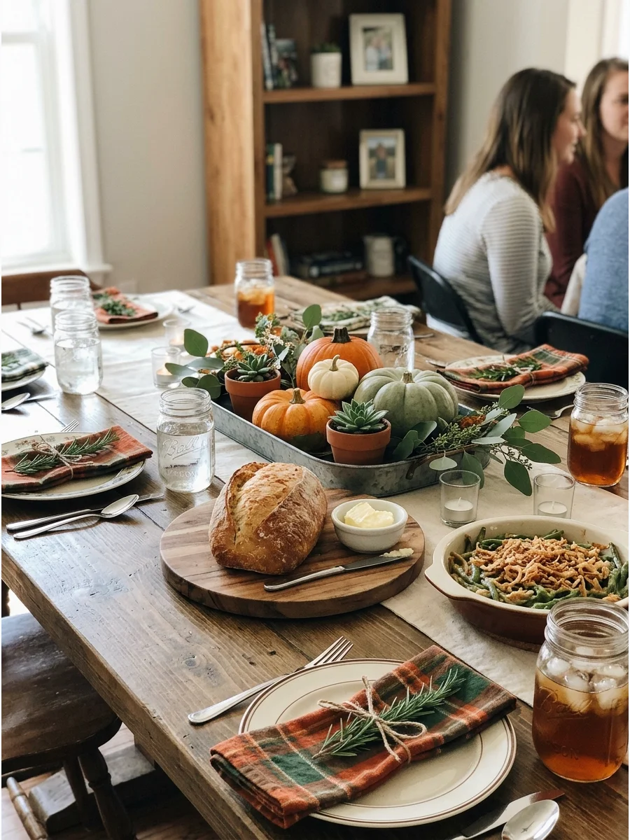 Rustic Farmhouse Friendsgiving. Use wooden serving boards, plaid napkins, mason jars, vintage dishes, and galvanized metal accents. Add pumpkins and seasonal greenery for a comfort